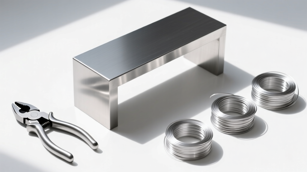 Top-down view of a steel bench block, flush cutters, and 20-gauge dead-soft sterling silver wire coils in bright natural light