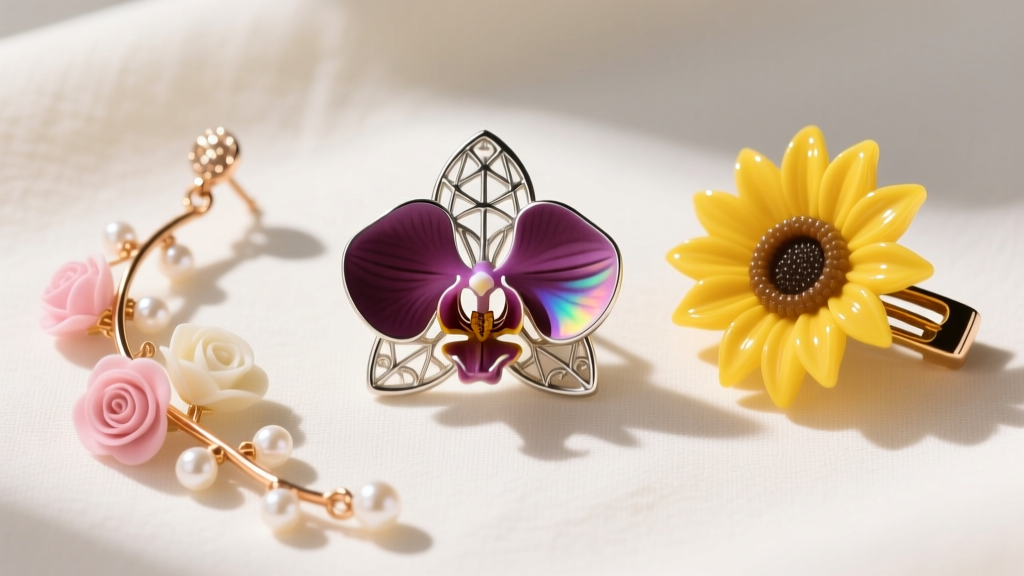 Flat lay of three floral earrings: geometric orchid stud, cascading rose gold vine drop, and bold yellow resin sunflower clip-on