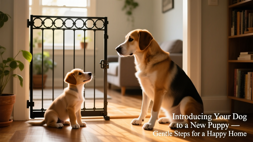 Two dogs calmly observing each other from opposite sides of a baby gate
