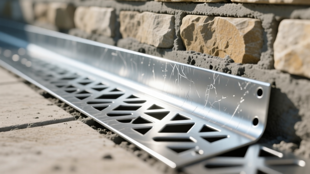 Close-up of a galvanized steel weep screed with punched weep holes installed at the base of an exterior stone veneer wall foundation