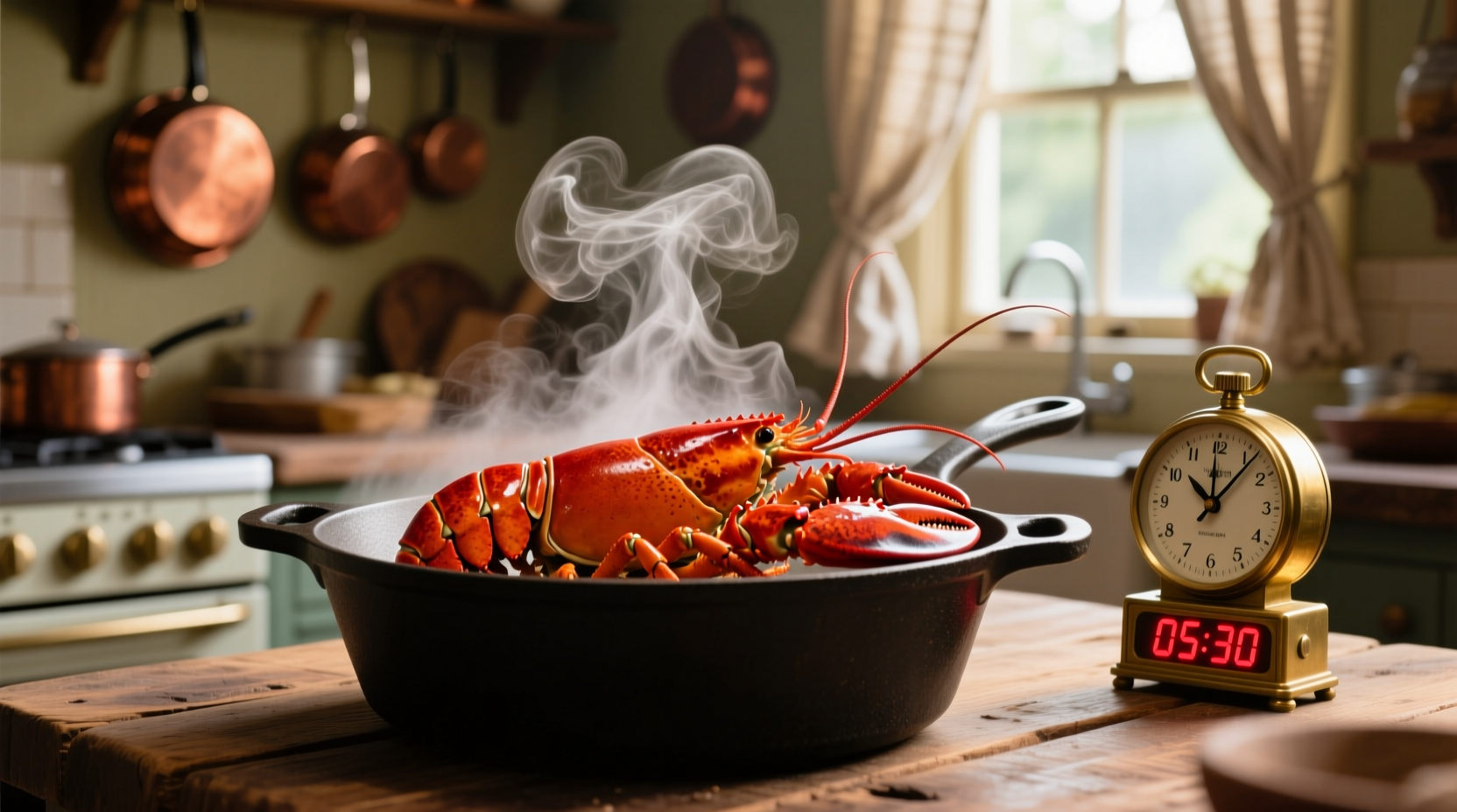 Steaming cooked lobster in a pot with timer