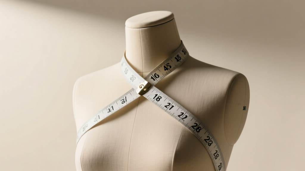 Tailor measuring tape draped around a mannequin neck, highlighting 16-inch and 18-inch lengths against soft studio lighting.
