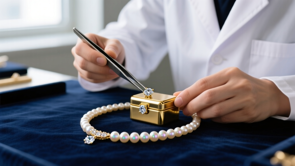 Jeweler using tweezers to attach a sparkling diamond-accented 18k gold box clasp to a delicate pearl necklace on a velvet workbench.