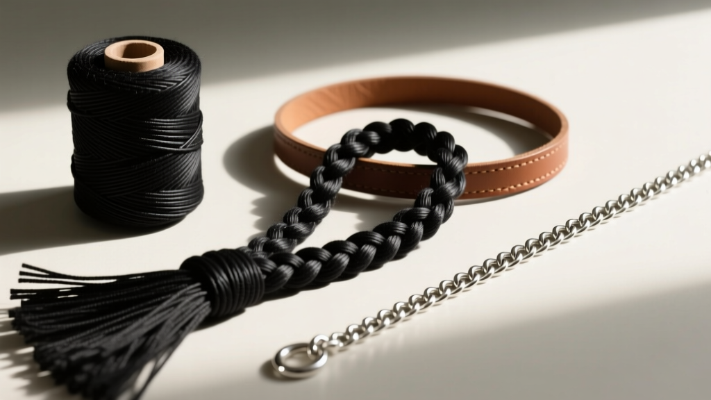 Spools of black waxed cotton cord, braided kangaroo leather, and a sterling silver rolo chain laid out next to jewelry clasps.