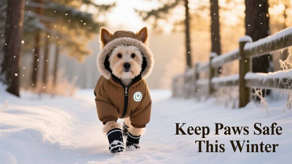 A small dog wearing a cozy, insulated winter parka during a snowy walk