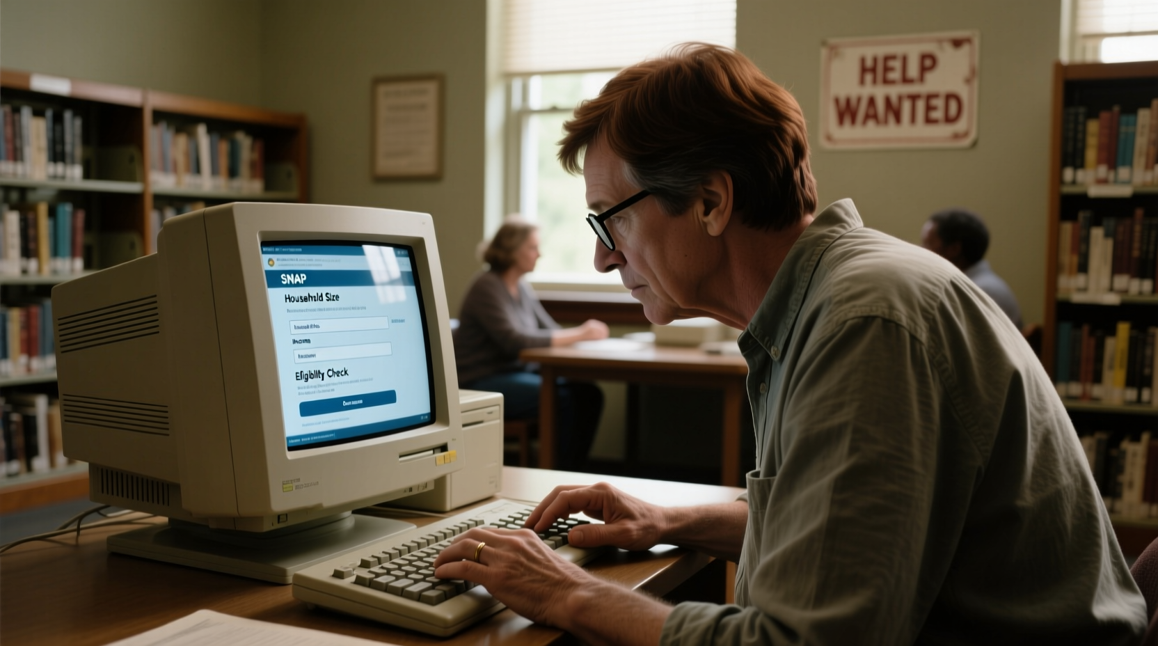 Person filling out SNAP application form at computer
