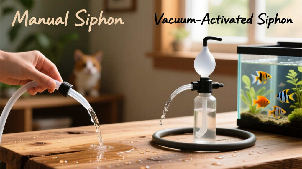 Side-by-side comparison of a manual siphon tube and a vacuum-activated siphon with a bulb primer