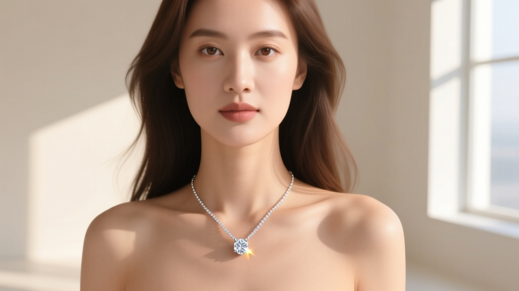 Woman wearing an authentic 1-carat solitaire diamond pendant on a delicate 18-inch 14k white gold chain against soft daylight