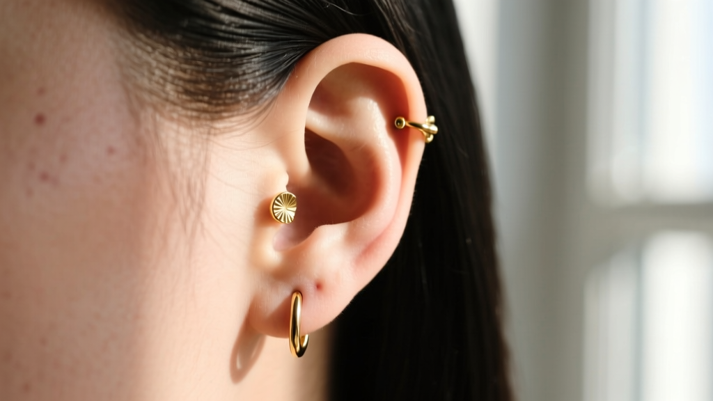 Side profile of an ear with healed daith and conch piercings wearing gold clickers, shot in natural light to show ear placement.