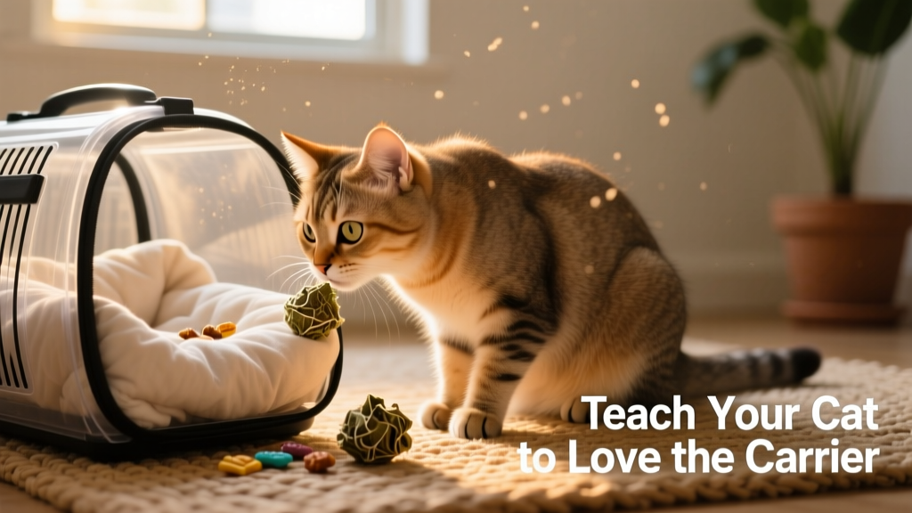 A cat sniffing curiously at a carrier filled with bedding, treats, and a small catnip toy