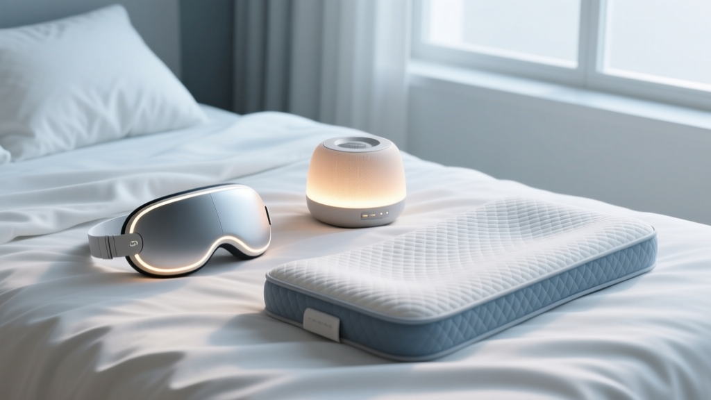 Flat lay of sleep gadgets including a smart mask, glowing sound machine, and cooling mattress pad on a linen bedspread.