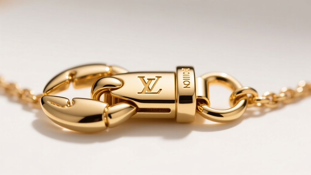 Macro shot of an authentic LV necklace lobster clasp showing the crisp hallmark stamp and micro-engraving on polished 18k gold.