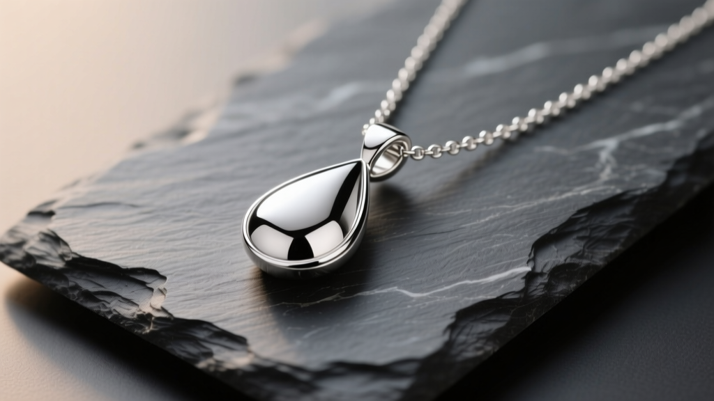 Sterling silver droplet necklace on slate showing the smooth teardrop pendant reflection under soft studio lighting