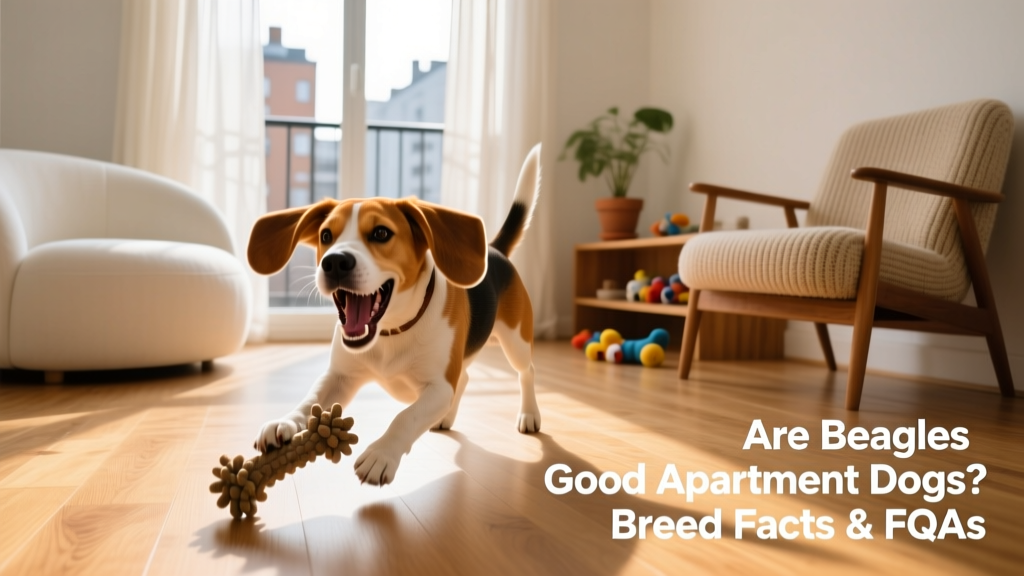 A Beagle mid-play with a durable chew toy on a hardwood apartment floor, surrounded by minimal pet-friendly furniture