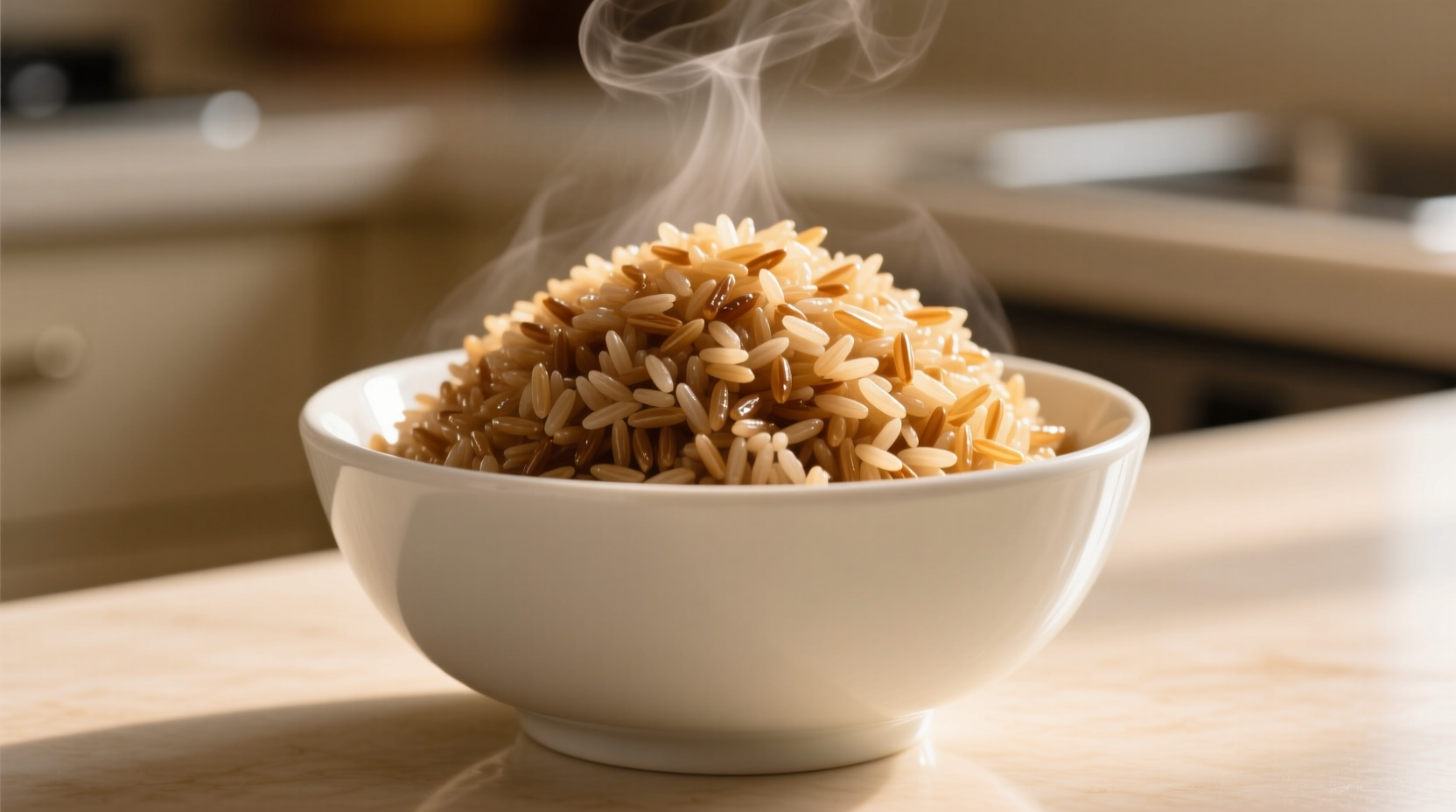 Perfectly cooked fluffy brown rice in white bowl
