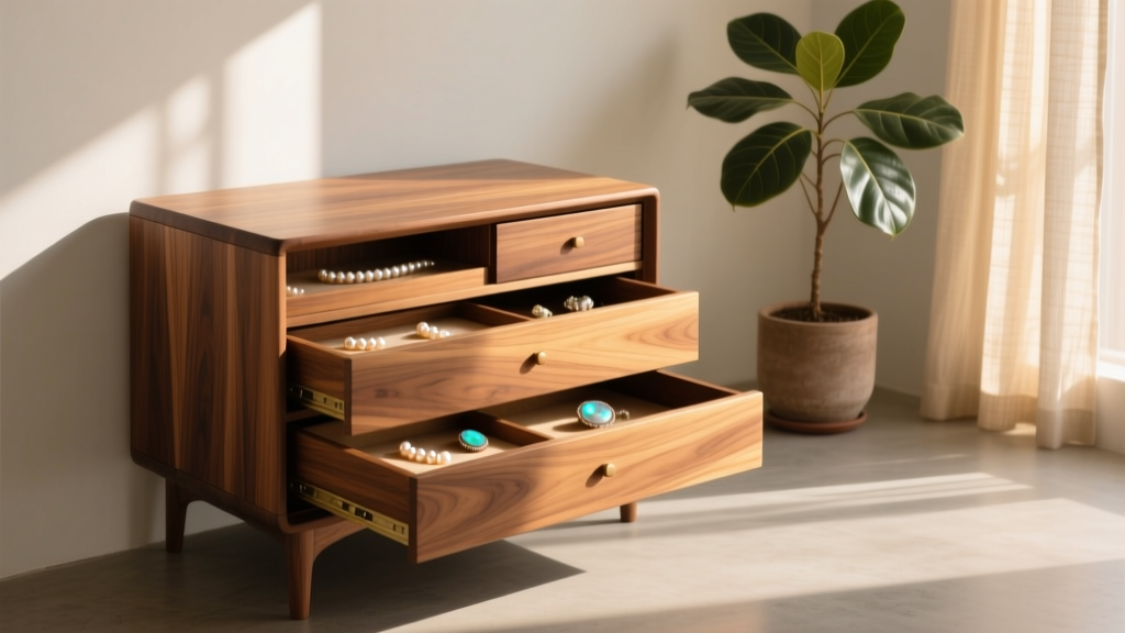 Walnut wood jewelry armoire showing breathable cedar drawers designed for delicate pearl and opal storage in a sunlit room