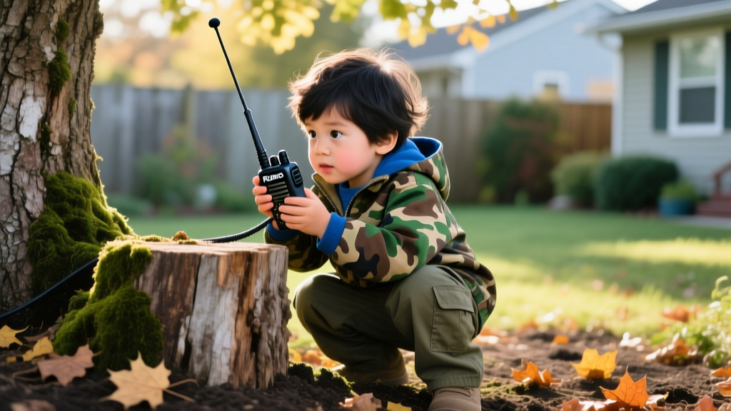 A young child in camouflage adjusting a Retevis walkie-talkie antenna while hiding behind a backyard tree stump during a spy game.