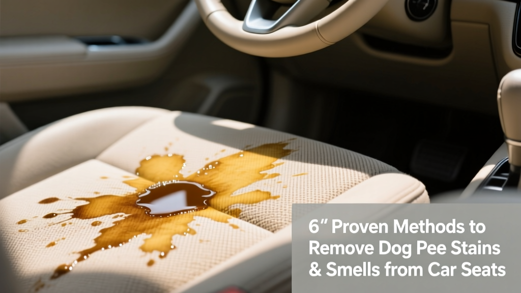 Close-up of dog urine stain on fabric car seat, showing discoloration and dampness