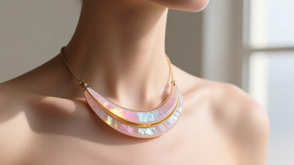 Layered peach moonstone necklace on a collarbone, showing the gem's subtle blue adularescence and warm glow in natural sunlight.
