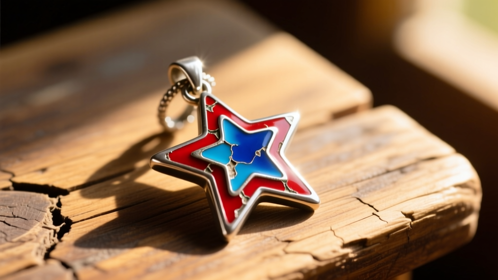 Close-up of a silver star pendant with chipped red and blue enamel on a weathered wooden table under bright, warm summer sunlight