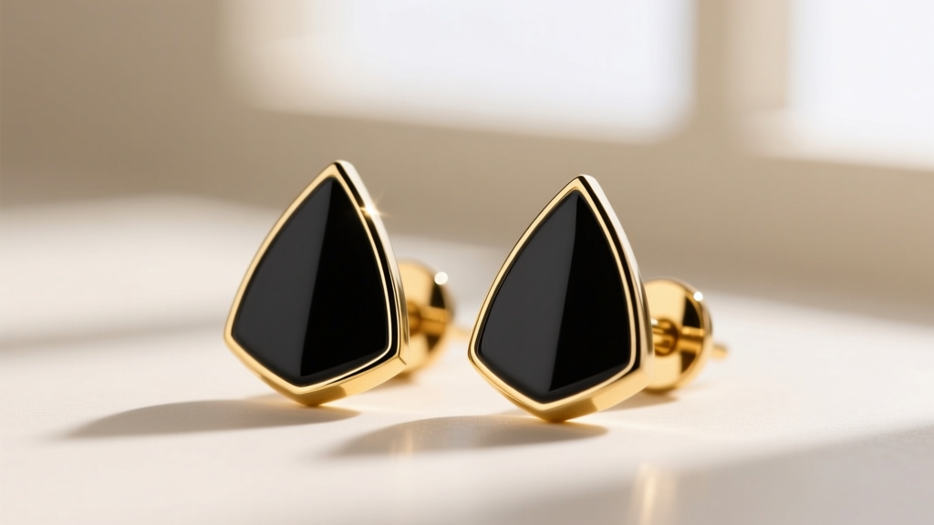 Close-up macro shot of black enamel Heritage Spade stud earrings with 12k gold plating, highlighting the crisp geometric edges
