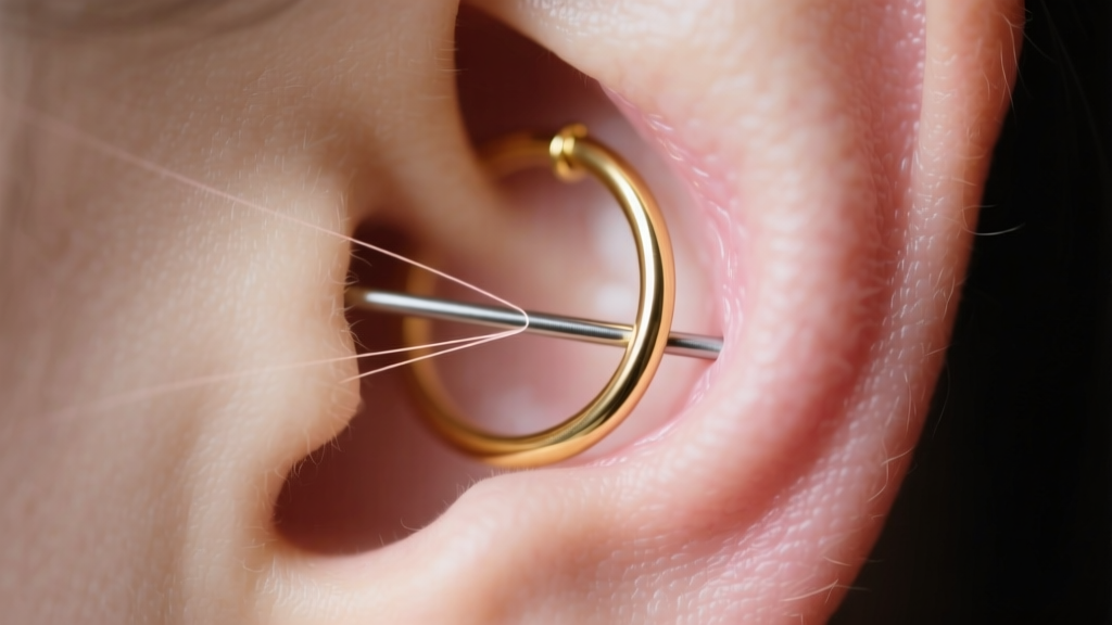 Close-up of an 18 gauge gold hoop pulling against a helix piercing, showing tissue tension and migration vectors in soft light