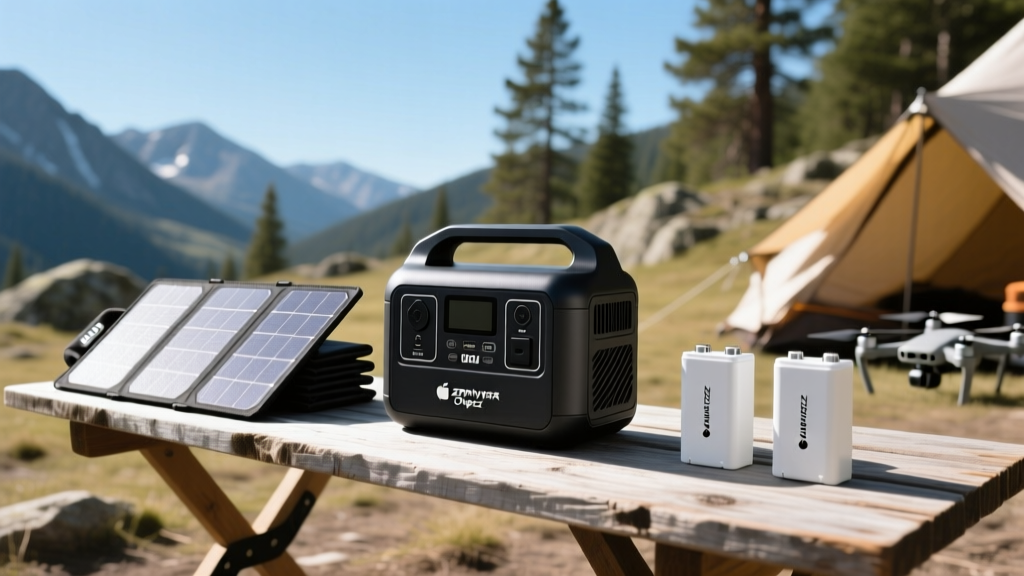 Zephyr Wolfpack Chipzz portable power station sitting on a rugged camping table next to a folded 100W solar panel and drone batteries