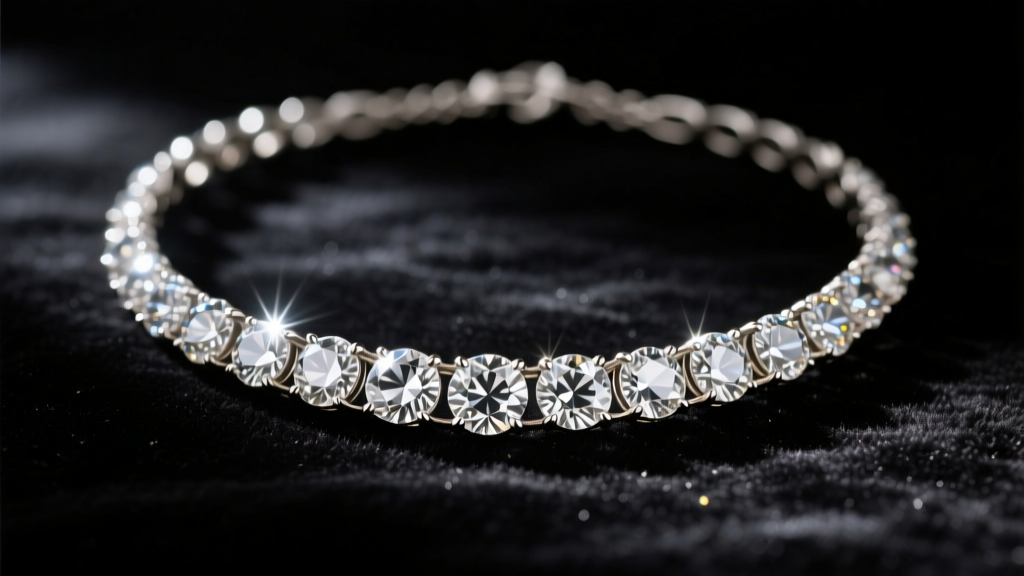 Antique diamond rivière necklace on dark velvet under spotlight, highlighting brilliant facet reflections and worn silver prongs.