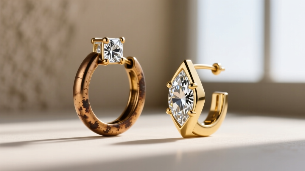 Side-by-side view of a tarnished brass cubic zirconia hoop and a pristine 10k gold lab-diamond traphouse style huggie earring