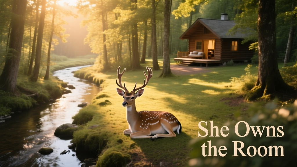 Aerial view of a shaded forest clearing beside a small creek—illustrating the kind of cool, restful spot deer naturally seek in summer heat