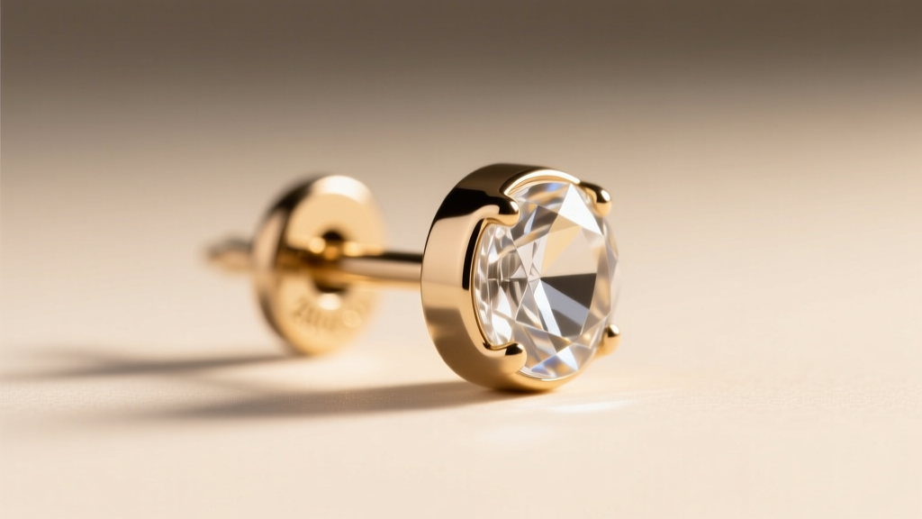 Side profile of a 20-gauge titanium earring post coated in clear protective polish, illuminated by soft, warm studio lighting setup.