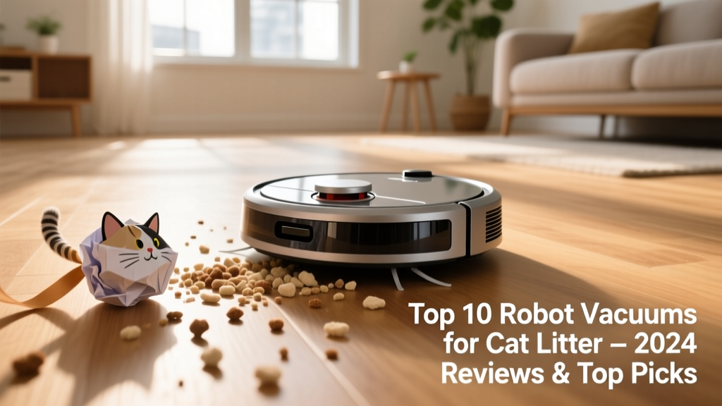 Overhead view of a sleek robot vacuum navigating around a cat toy and scattered litter granules on hardwood floor