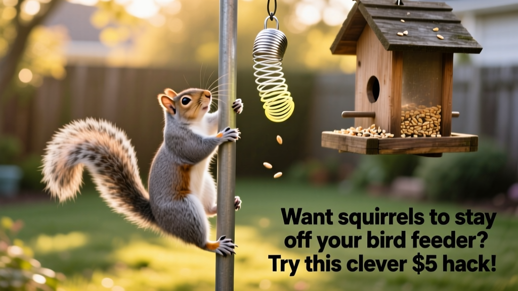 A squirrel attempting to climb a metal pole with a slinky suspended above it