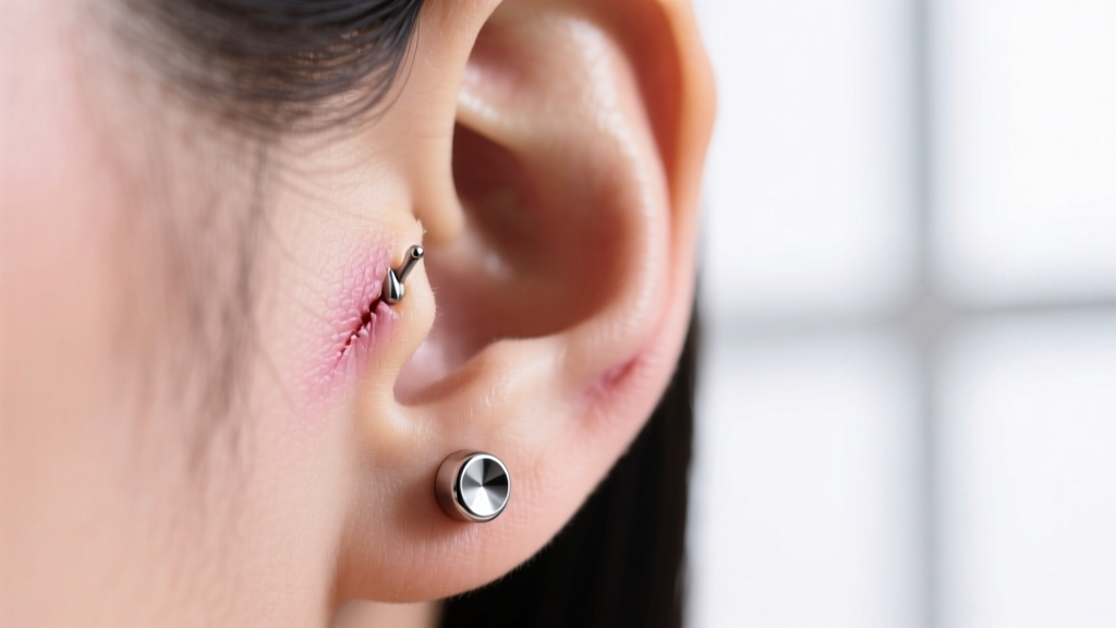Close-up of a freshly healed standard 18-gauge earlobe piercing featuring a mirror-polished implant-grade titanium labret stud.
