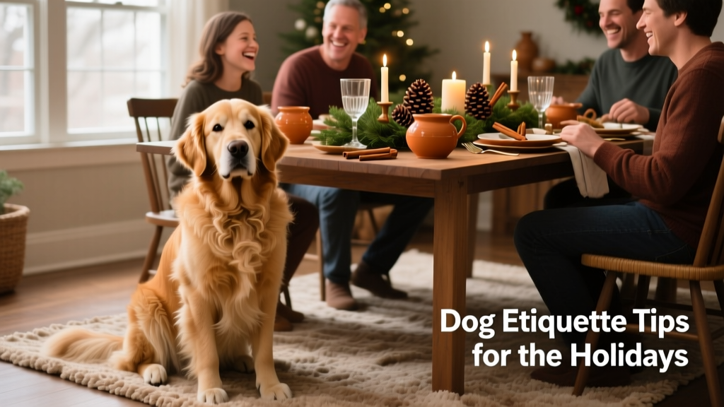 A relaxed dog sitting calmly beside a decorated holiday table with family members nearby