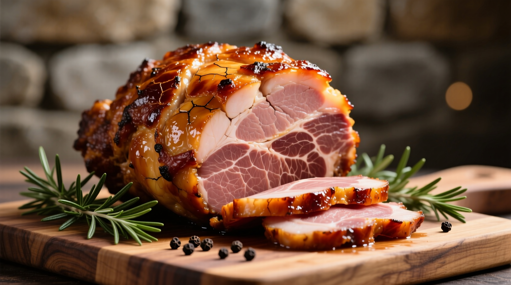 Perfectly cooked uncooked ham with golden crust