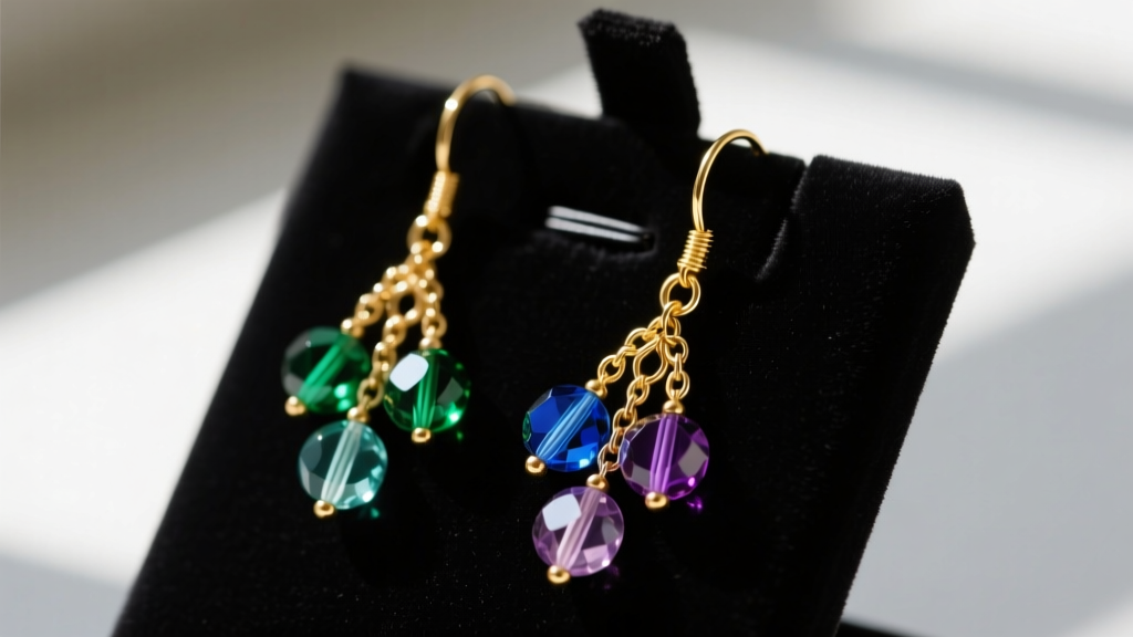 Macro shot of gold French ear wires holding Czech glass beaded fringe earrings resting on a dark velvet jewelry display.