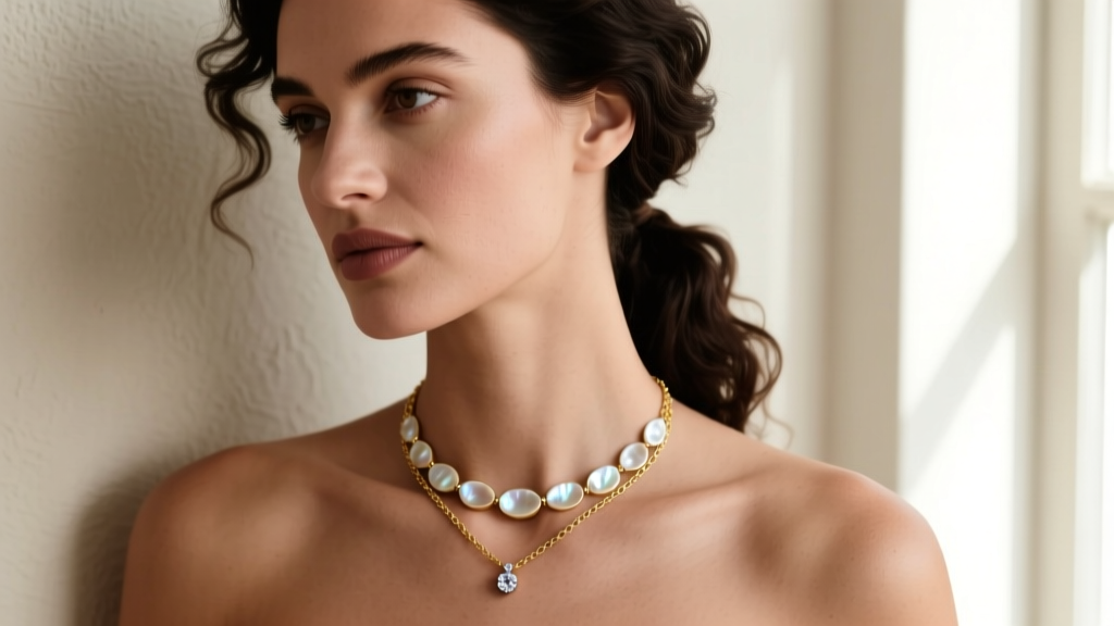 Woman layering a VCA mother of pearl Alhambra necklace with a fine gold chain and a small diamond pendant on her bare collarbone.
