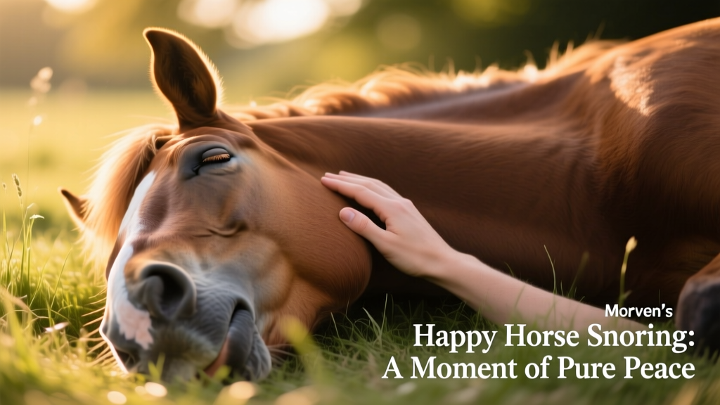 Close-up of the horse’s relaxed face mid-snore, eyes softly closed, ears flopped gently to the side, with Morven’s hand resting reassuringly near his cheek