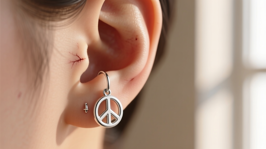 Sterling silver peace sign huggie earrings on a healed cartilage piercing, profile view under soft natural window lighting