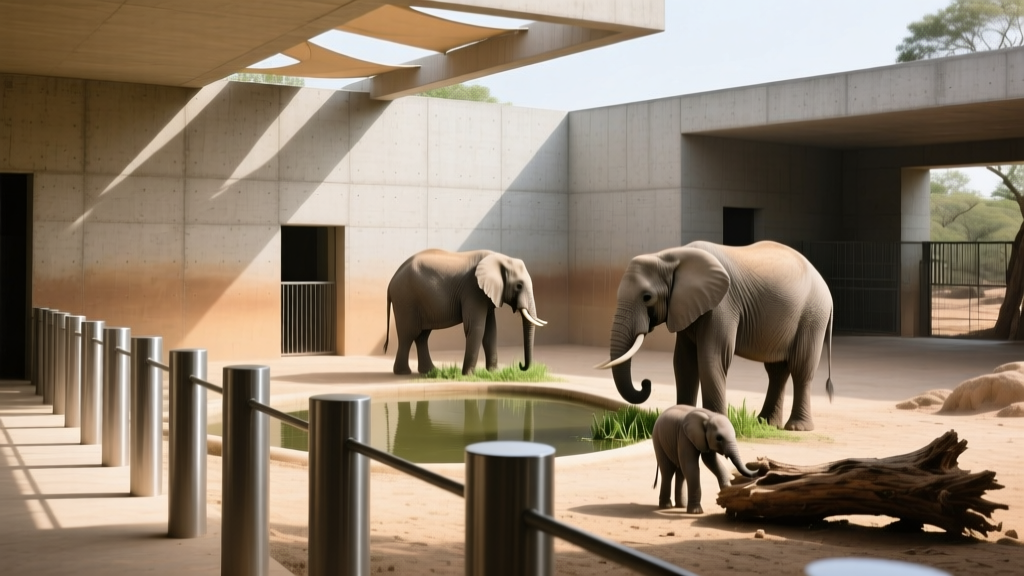 Heavy-duty steel bollards and textured concrete walls forming a secure, naturalistic elephant enclosure habitat at a modern zoo