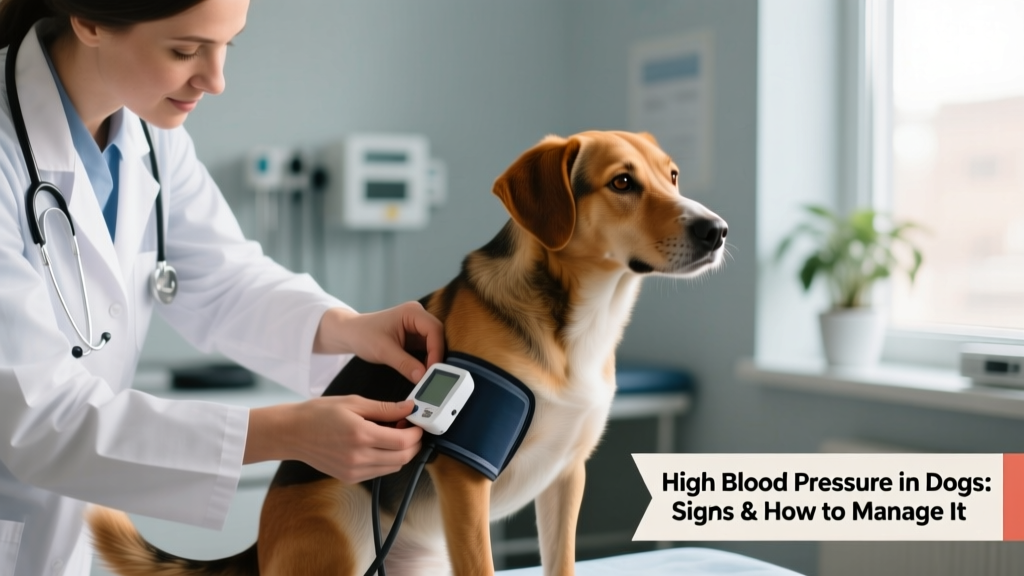 Close-up of a veterinarian gently placing a blood pressure cuff on a dog's tail base during an exam