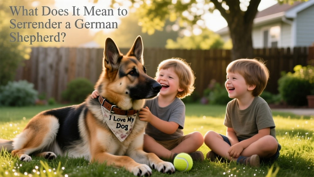 A German Shepherd playing gently with children in a sunlit backyard, showing trust and comfort