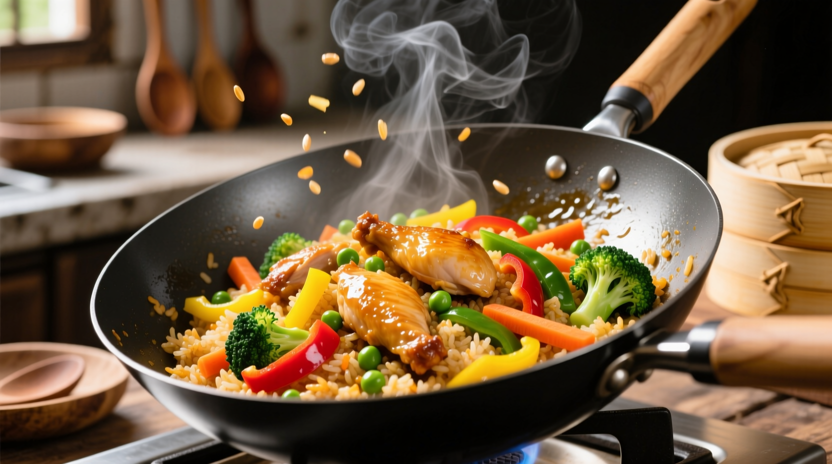 Colorful chicken fried rice in wok with vegetables