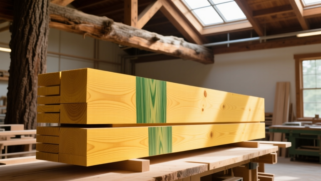 Yellow poplar lumber with green heartwood streaks stacked against structural Douglas fir framing in a well-lit carpentry workshop