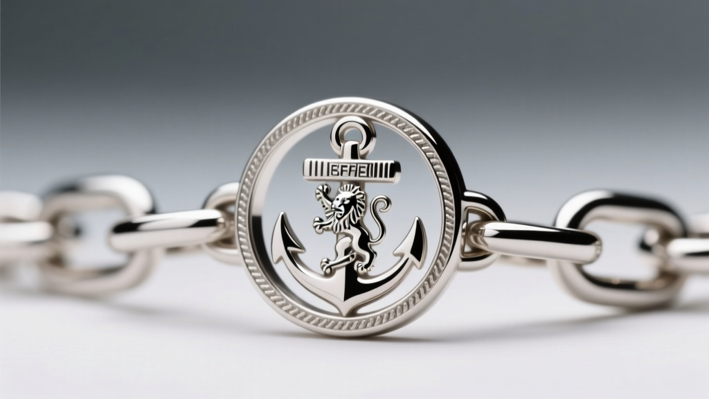 Macro shot of a silver hallmark on a chain link, showing the Sheffield anchor and lion passant marks under bright studio lighting.