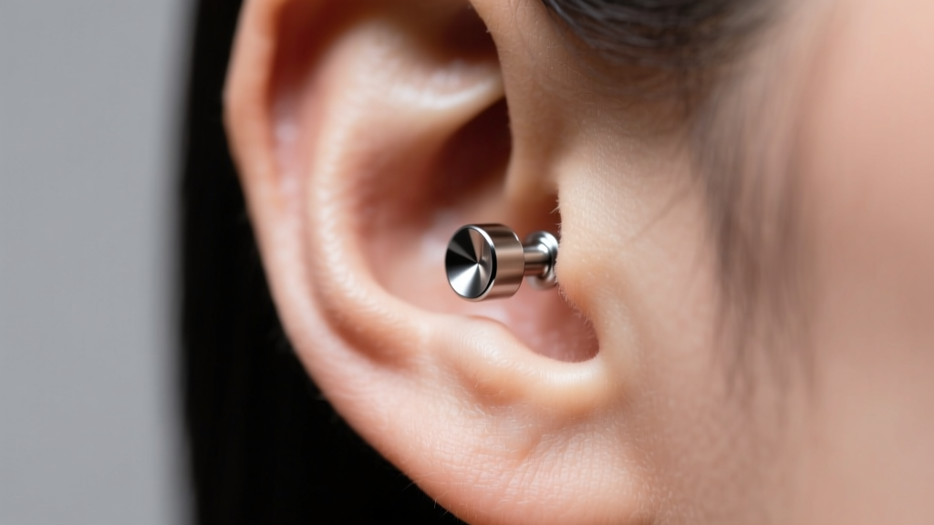 Close-up of a fresh earlobe piercing wearing a simple, high-polish ASTM F-136 titanium labret stud, soft clinical lighting