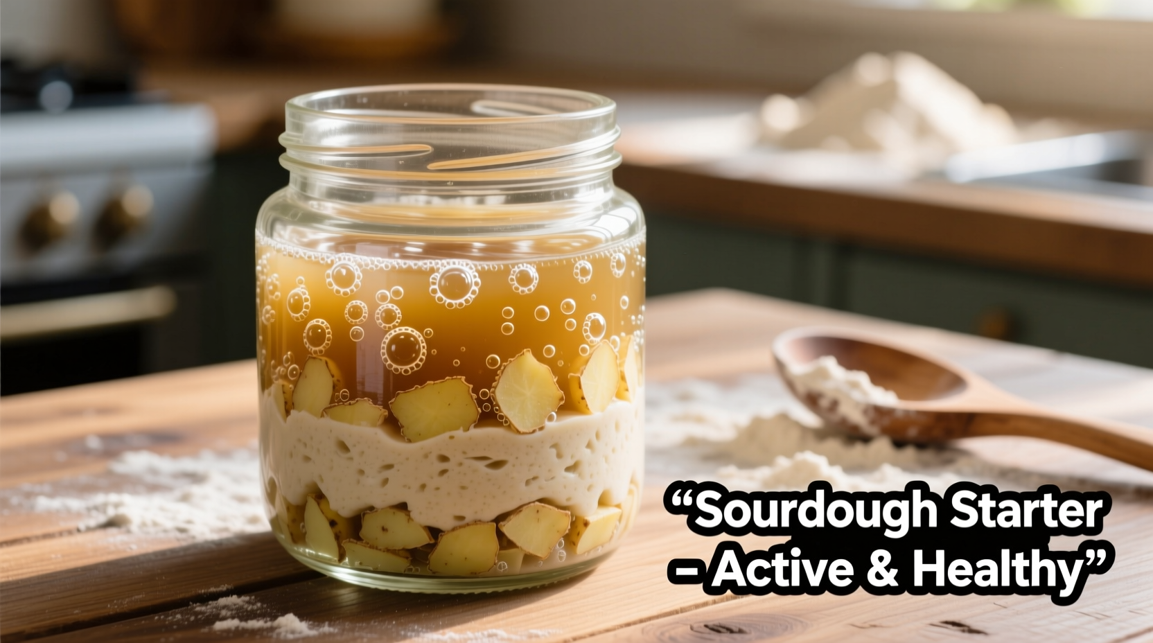 Healthy bubbling sourdough starter in glass jar with potato flakes