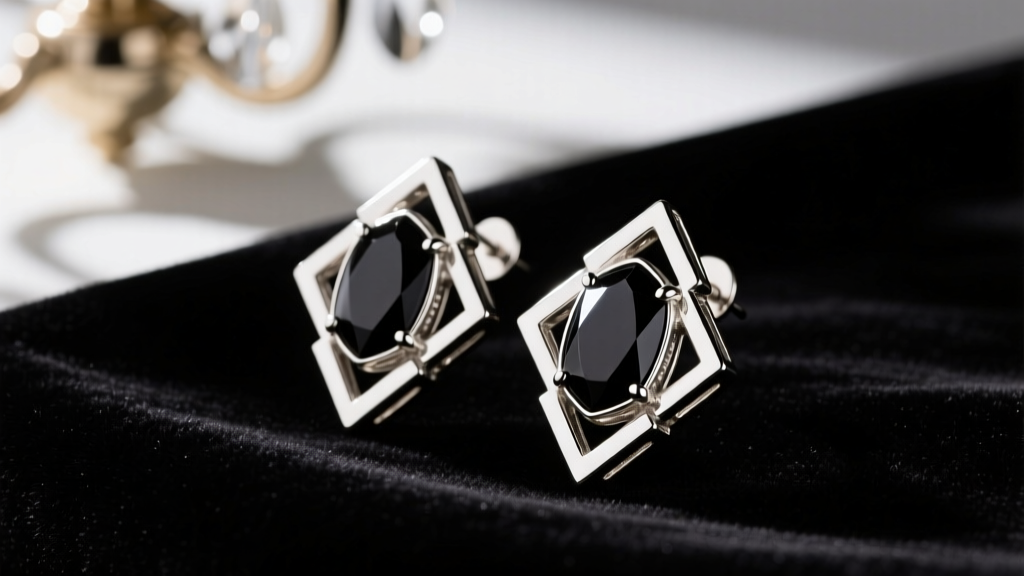 Close-up of authentic 1920s Art Deco platinum and onyx chandelier earrings resting on black velvet, soft directional lighting.
