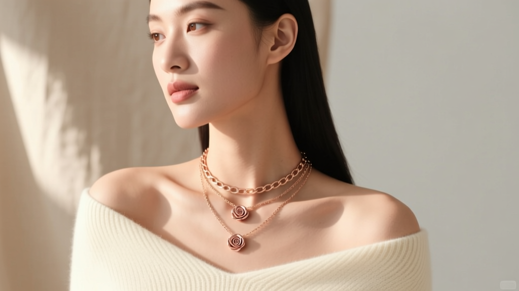 Model in an off-the-shoulder cream sweater paired with a layered rose choker necklace, showcasing an ideal neckline pairing.